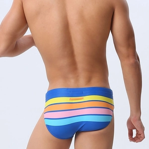 Rear view of men's royal blue swim briefs featuring vibrant rainbow stripe details