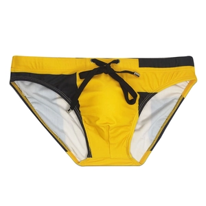 Detail of men's swim briefs showing contrast stitching and adjustable waist drawstring
