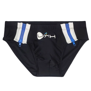 Detail of men's black swim briefs with stylish blue side zippers and white stripes