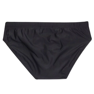 Detail view of quick-dry black men's swim briefs with durable elastic waistband