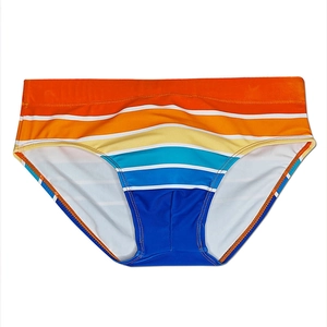 Detail of men's swim briefs featuring vibrant sunset gradient stripes and fine stitching