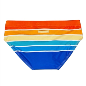 Macro detail of men's colorful striped swim briefs with quick-dry elastic fabric and stitching