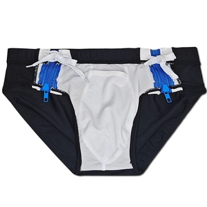 Black men's swim briefs featuring white mesh front pouch and dual blue zippers
