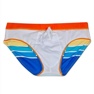 Detail of colorful striped men's swim briefs with white drawstring and elastic waistband