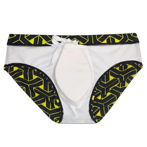 Detail view of men's swim briefs with geometric print, drawstring, and mesh lining