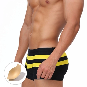 Men's quick-dry black swim trunks with yellow stripes and removable protective padding