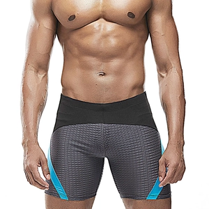 Professional men's swim trunks with breathable honeycomb texture and blue-orange stripes