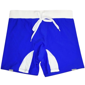 Close-up of men's royal blue swimming trunks with white curved panels and adjustable drawstring