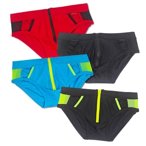 Mens mesh swim briefs set featuring front zipper and four assorted color combinations