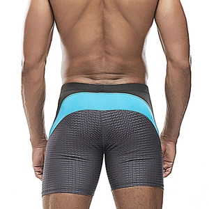 Rear view of men's quick-dry swim trunks with blue contrast stitching and mesh fabric