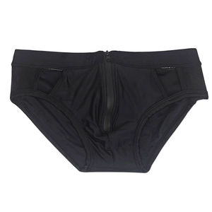 Detail of men's black swim briefs featuring front zipper and mesh side panels