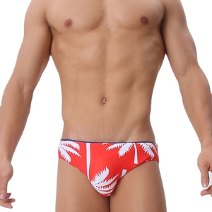 Detail of red men's swim briefs with white palm tree prints and navy blue waistband