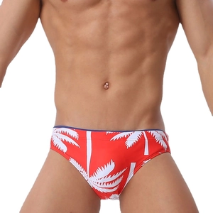 Men's red swim briefs with white palm tree prints and blue waist trim for beach vacations