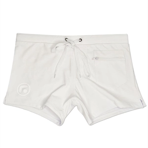 Detail view of men's white swim trunks with adjustable drawstring and hidden side zipper pocket