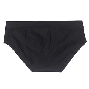 Macro detail of men's black hollow-out swim briefs featuring a front zipper and mesh fabric