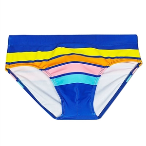 Detail of colorful striped men's swim briefs with vibrant multi-color bands and blue trim