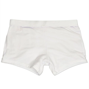 Detail of white men's swim trunks featuring high waistband stitching and premium fabric texture