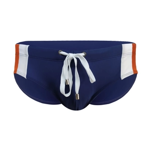 Men's navy swim briefs with side color-blocking and drawstring for stylish beachwear