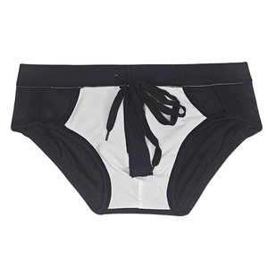 Detail of men's swim briefs featuring front zipper, mesh panels, and waist drawstring