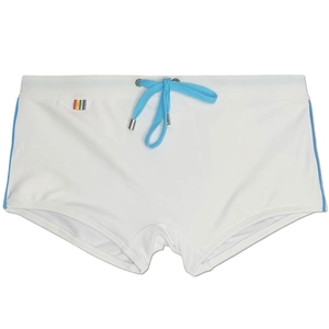Detail of white swim trunks featuring light blue drawstring with metal tips and rainbow tag