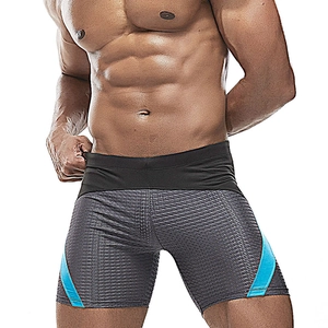 Men's mesh swimming trunks in dark grey with blue side stripes and breathable texture