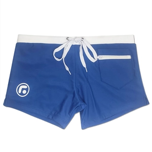 Detail of royal blue swim trunks with white drawstring and functional side zipper pocket