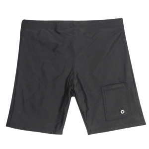 Detail view of men's swim trunks featuring a side pocket with a metal drainage eyelet