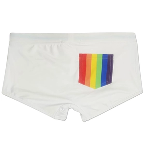 Close-up of white swim trunks featuring a colorful rainbow striped pocket and neat stitching