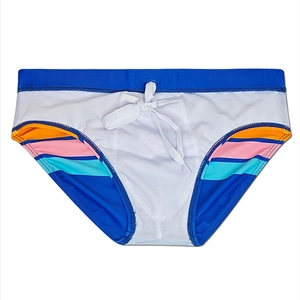 Detail of men's swim briefs with colorful side stripes and white drawstring waist cord