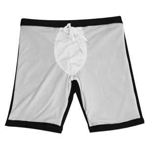 Detail of men's quick-dry swim shorts showing white breathable mesh lining and drawstring