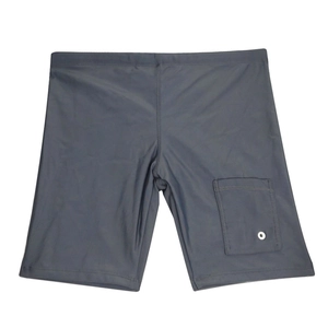 Detail view of quick-dry men's grey swim trunks featuring a side pocket and drainage eyelet