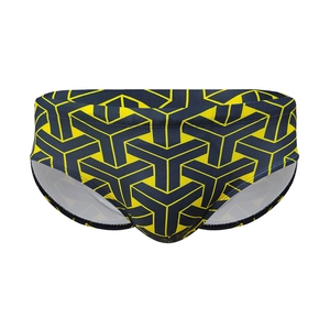 Men's swim briefs featuring a 3D geometric pattern in vibrant yellow and navy blue