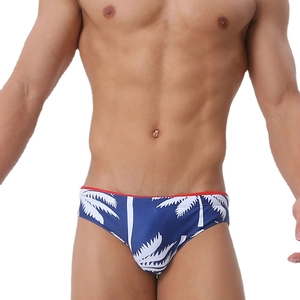 Macro detail of men's blue palm leaf print swim briefs with vibrant red waist trim