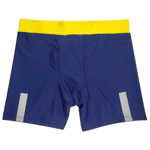 Men's navy racing swim trunks with neon yellow waistband and silver reflective stripes