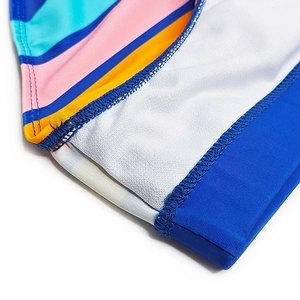 Macro view of colorful striped men swim trunks with high-quality interior lining and stitching