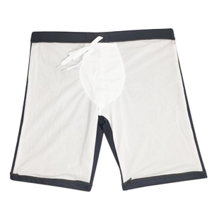 Detail of men's quick-dry swim trunks with breathable mesh lining and drawstring waist