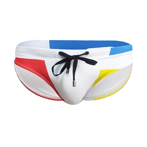 Men's fashion swim briefs with geometric color block design and side mesh panels