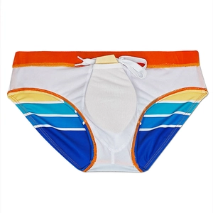 Detail of men's striped swim briefs with adjustable drawstring and padded lining