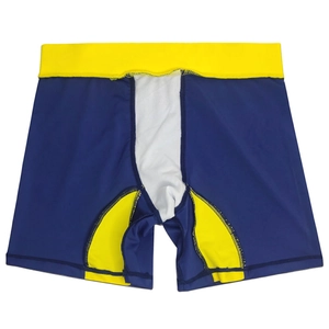 Detail view of men's swimming trunks with contrast stitching and inner lining