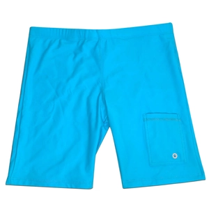 Detail of light blue quick-dry swim shorts with elastic waist and side drainage pocket