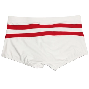 Detailed top view of white men's swim trunks featuring red striped elastic waistband design