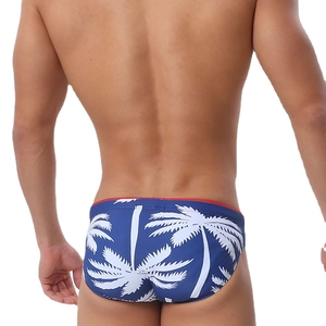Back view of men's quick-dry swim briefs with navy palm tree print and red waist trim