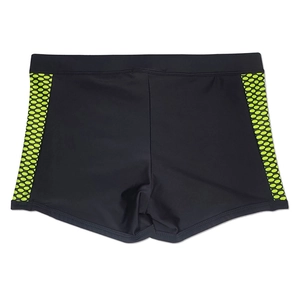 Detail of men's quick-dry swim trunks featuring yellow honeycomb pattern side panels