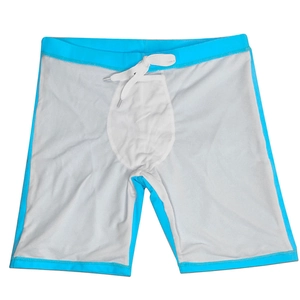 Detail of blue men's swim trunks featuring white mesh lining and drawstring waist