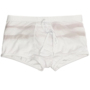 Flat lay of men's white quick-dry swim trunks featuring drawstring and grey side stripes
