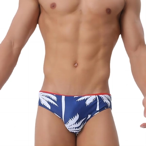 Close-up of men's navy swim briefs with white palm leaf print and red piping detail
