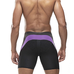 Detail view of mens professional mesh swim trunks featuring purple elastic waistband and black mesh