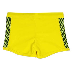 Detail of yellow mens swim trunks with black mesh side panels and elastic waistband