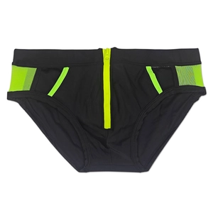 Detail of men's swim briefs with front zipper and neon green mesh side panels
