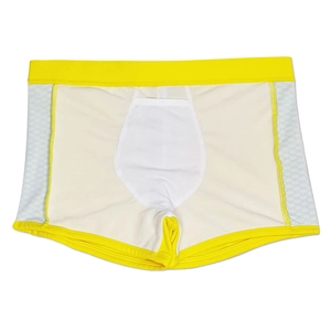 Detailed interior view of men's swim trunks showing honeycomb texture and pouch design
